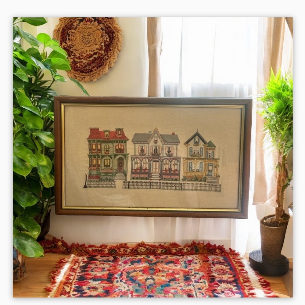 Handmade Lg VTG Cross-stitch Victorian Row House Picture Signed by Artist EUC​